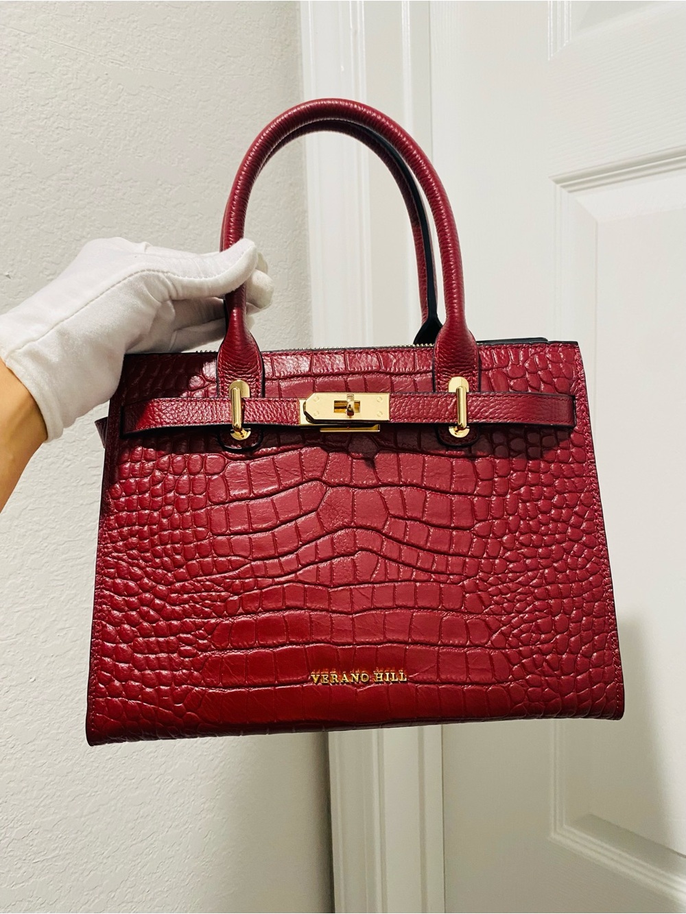Verano Hill Red Croc-Embossed Top-Handle Bag